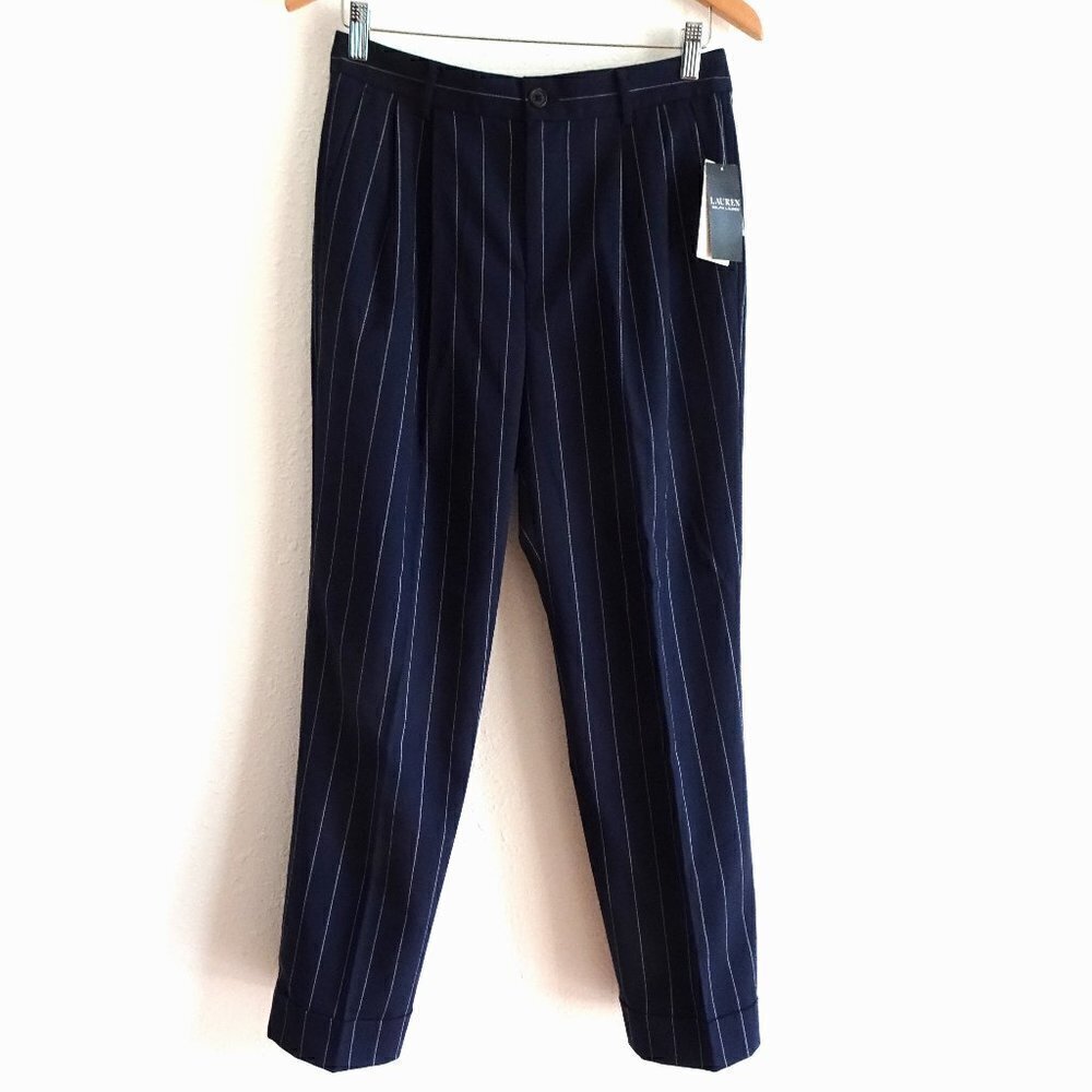 Ralph Lauren Pinstripe Pants Women's Size 4 Blue Wool Blend Professional Career